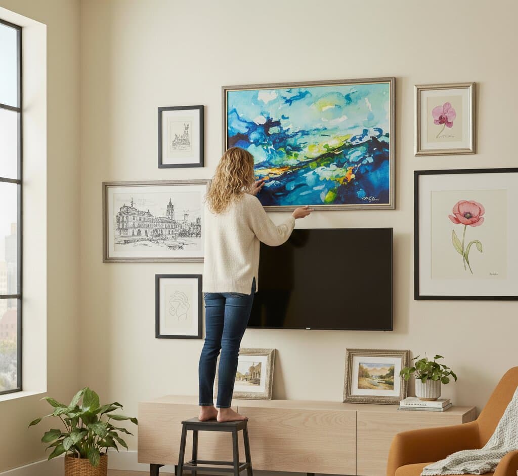 Woman on stool adjusting Gray Picture frames gallery wall arrangement over mounted television featuring vibrant abstract landscape orchid botanical prints demonstrating neutral gray finish for living room media wall styling