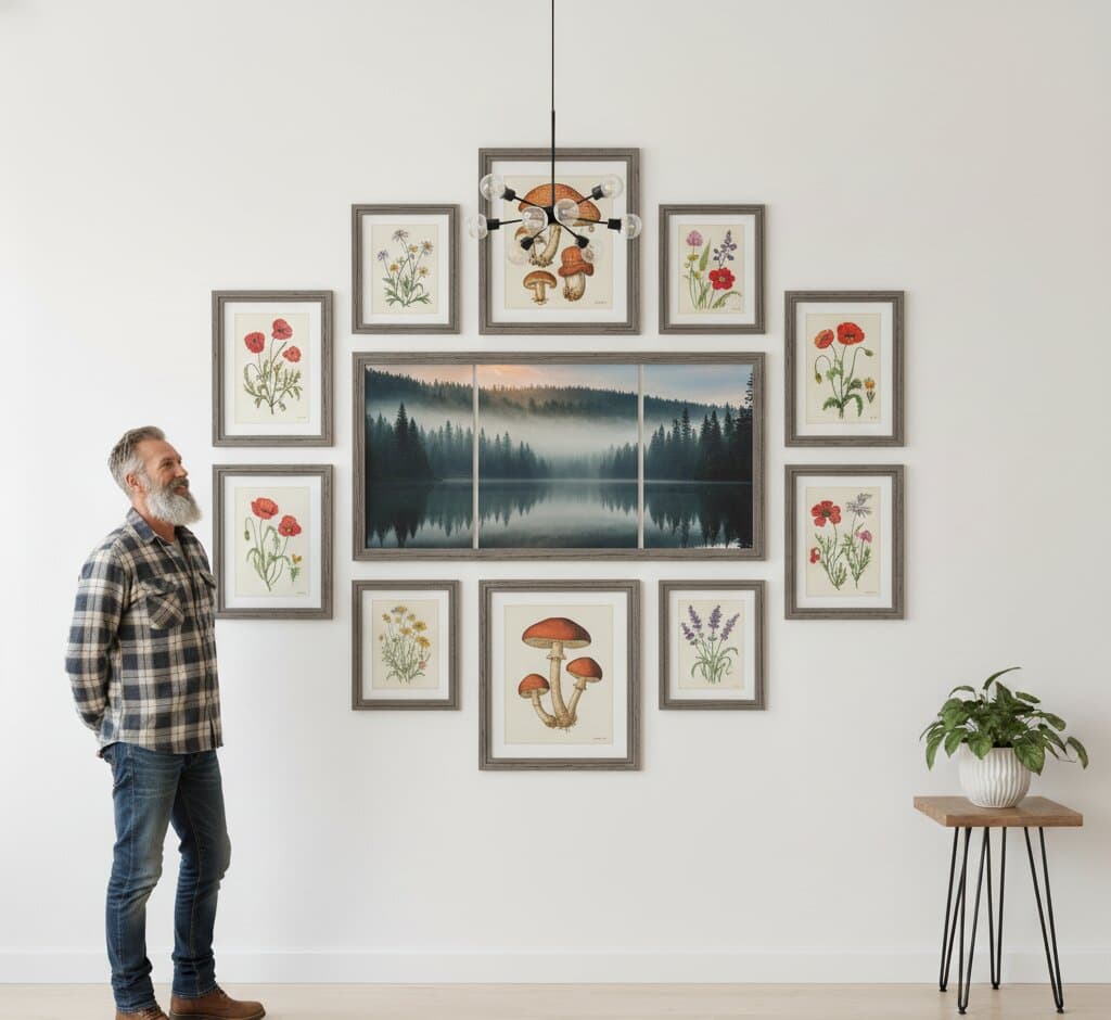 Man admiring large Gray Picture Frame gallery wall with botanical wildflower prints mushroom illustrations and panoramic triptych forest landscape demonstrating industrial texture moulding for nature-themed coordinated wall displays