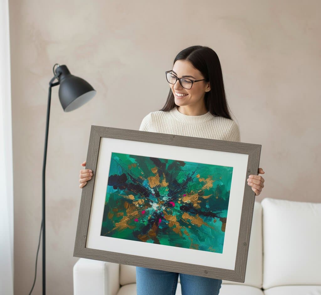 Woman presenting large Gray Picture Frame with bold teal green orange abstract expressionist painting in modern home office demonstrating sophisticated gray finish a natural fit for contemporary art and modern interior design