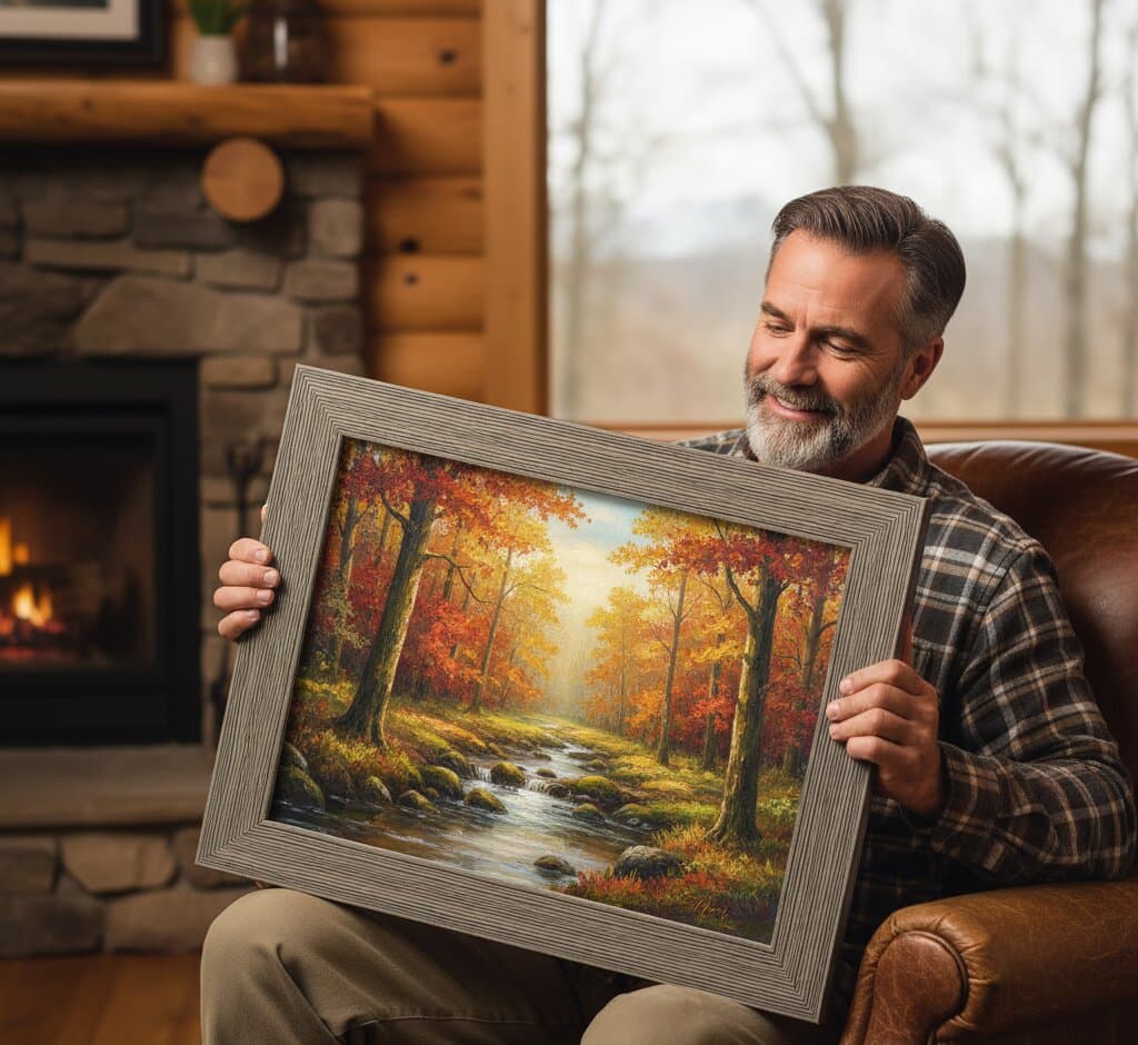 Man by stone fireplace holding Gray Picture Frame with autumn forest landscape oil painting featuring golden fall foliage and mountain stream in rustic cabin interior showcasing warm gray tones ideal for nature artwork and lodge décor
