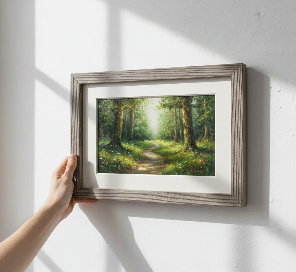 Hand positioning Gray Picture Frame displaying forest path oil painting with sunlit woodland trail and white matting on textured wall demonstrating industrial ribbed moulding profile for traditional landscape art framing