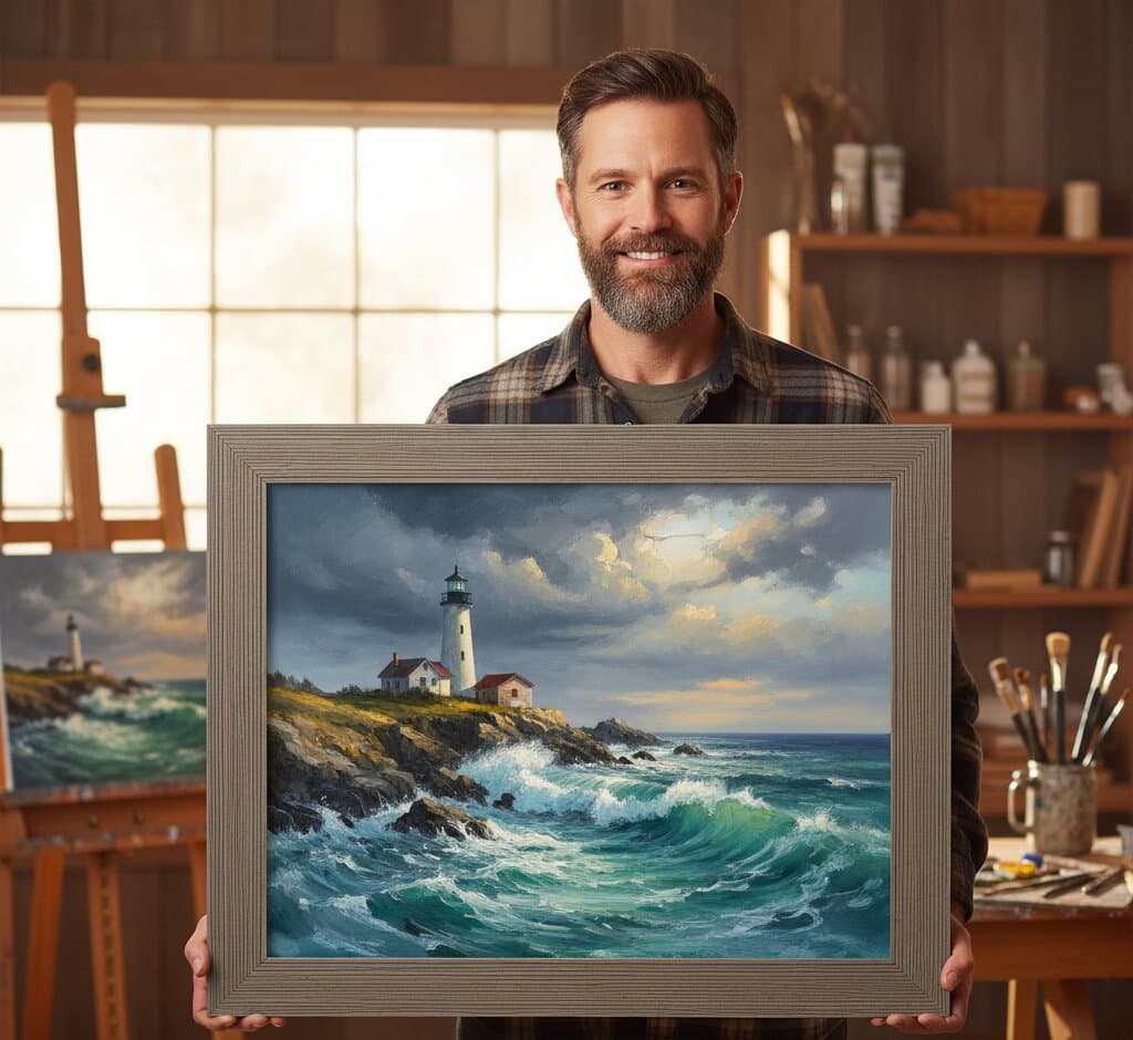 Artist in professional studio holding large Gray Picture Frame with dramatic coastal lighthouse seascape oil painting featuring crashing waves and stormy sky demonstrating substantial textured moulding width for maritime and coastal artwork