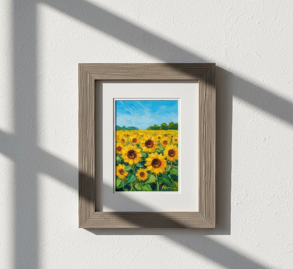 Gray Picture Frame displaying vibrant sunflower field oil painting with blue sky on white wall with dramatic natural window light shadows showcasing neutral gray finish for botanical and garden themed artwork framing