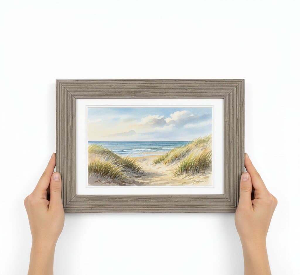 Hands holding Gray Picture Frame with coastal beach dune watercolor painting featuring sandy path sea grass and ocean horizon with white matting demonstrating ribbed texture profile for seaside and coastal landscape art