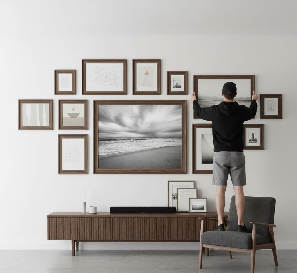 Man arranging minimalist Brown Barnwood Frame gallery wall in mixed custom sizes featuring dramatic black white coastal seascape photography and minimalist geometric abstract prints demonstrating authentic barnwood texture and 1.5 inch rustic wood grain moulding for contemporary monochromatic wall styling