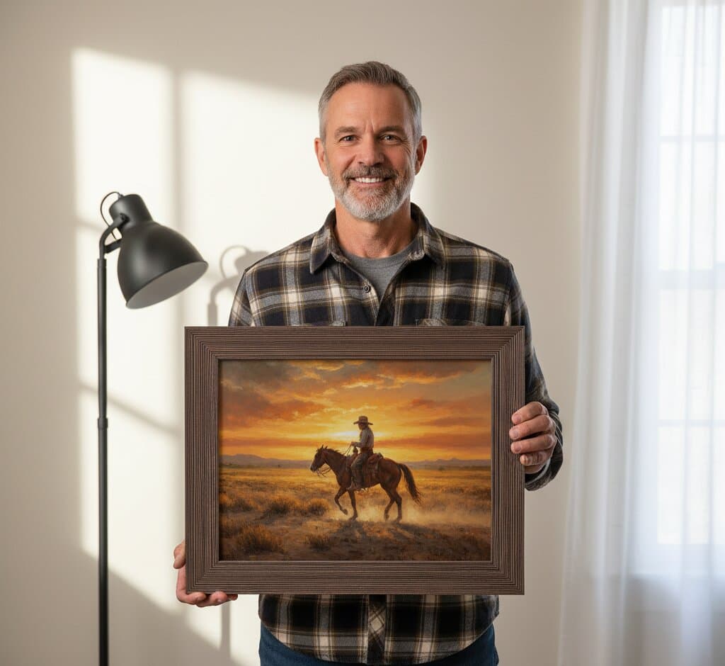 Man in plaid shirt holding Brown Barnwood Frame displaying western cowboy sunset oil painting with silhouetted rider on horseback against dramatic orange golden sky over prairie landscape demonstrating substantial 1.5 inch rustic barnwood moulding and authentic wood grain texture for western art and Americana framing