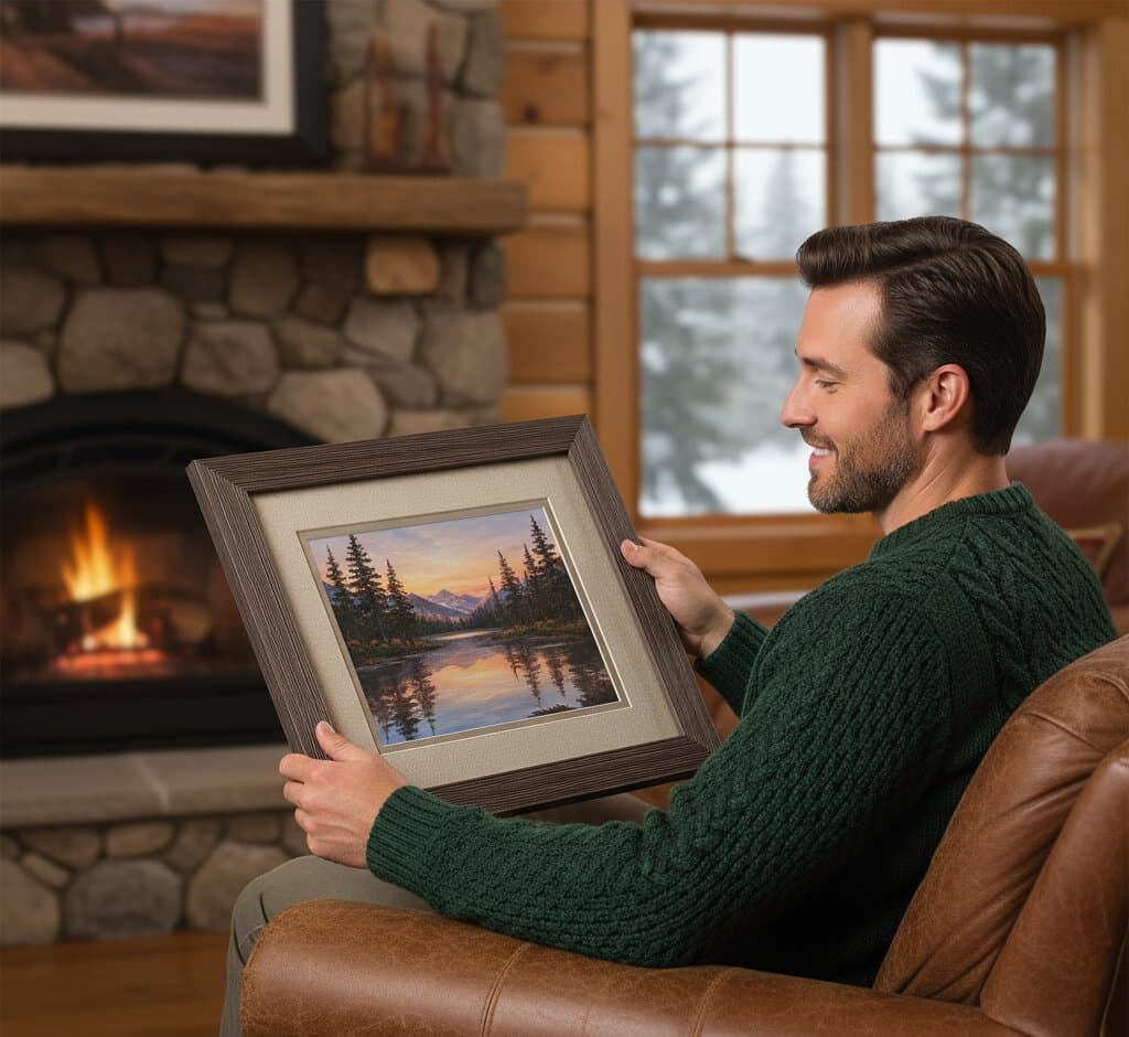Man in rustic cabin by stone fireplace holding Brown Barnwood Frame with mountain lake sunset reflection landscape featuring evergreen trees purple mountains and golden hour lighting with double matting showcasing rich brown finish and 1.5 inch authentic barnwood moulding for lodge and wilderness artwork framing