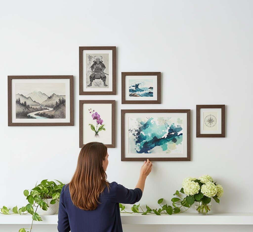 Woman arranging eclectic Brown Barnwood Frame gallery wall featuring Japanese samurai warrior print abstract teal watercolor Hokusai great wave purple orchid botanical and nautical compass with hydrangea flowers demonstrating versatile rustic wood grain finish and 1.5 inch authentic barnwood moulding for Asian art and mixed media collections