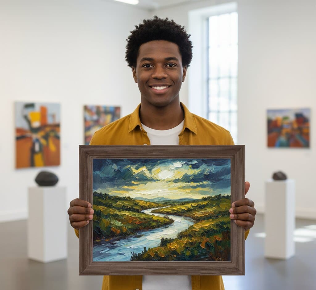 Professional in modern art gallery holding large Brown Barnwood Frame displaying dramatic landscape oil painting with winding river golden hills and stormy clouds showcasing rich brown finish and substantial 1.5 inch rustic barnwood moulding ideal for museum-quality fine art and landscape framing