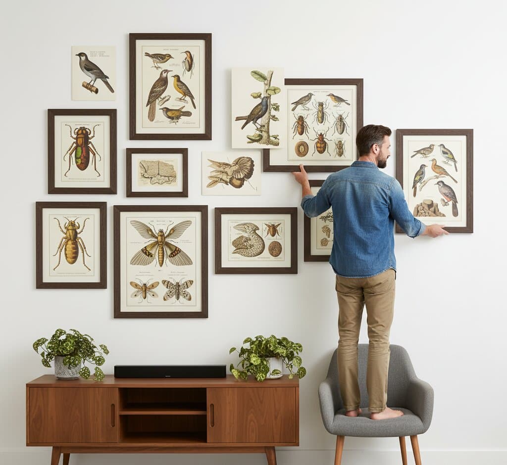 Man on chair arranging Brown Barnwood Frame gallery wall with vintage natural history prints featuring ornithology birds entomology insects and butterfly specimens demonstrating authentic barnwood texture and 1.5 inch rustic wood grain moulding for scientific illustration and botanical print framing