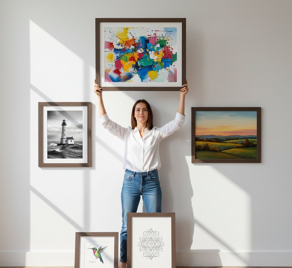 Woman holding overhead Brown Barnwood Frame with vibrant abstract expressionist splatter painting surrounded by black white lighthouse photography and countryside landscape frames demonstrating authentic barnwood texture and 1.5 inch rustic moulding for contemporary art gallery walls