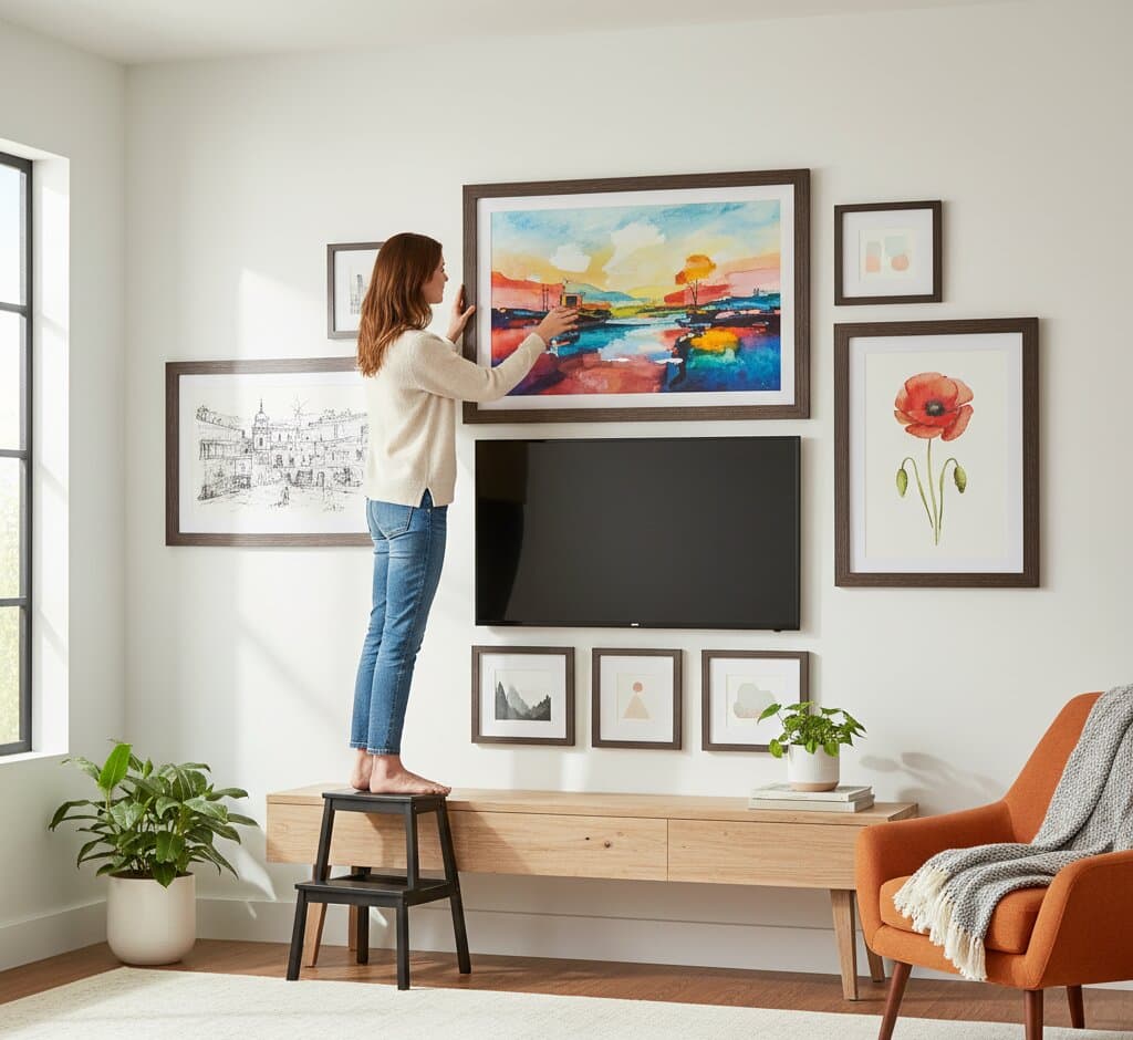Woman on stool arranging Brown Barnwood Frame living room gallery wall over television featuring colorful abstract landscape red poppy botanical print and minimalist geometric art demonstrating versatile farmhouse styling with 1.5 inch authentic barnwood moulding for media wall displays