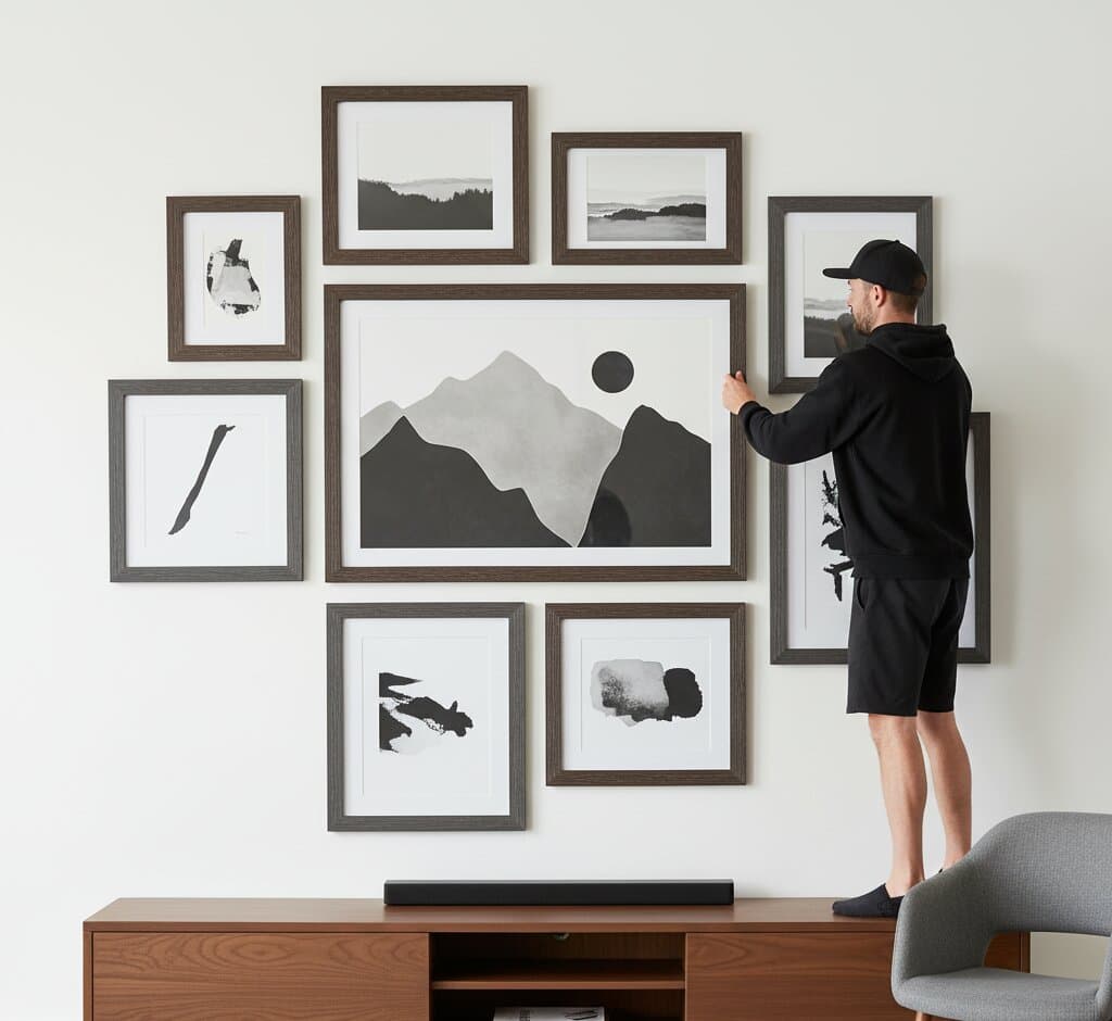 Man arranging minimalist Brown Barnwood Frame gallery wall in mixed sizes featuring monochrome ink wash mountain landscape and black white abstract geometric art above modern media console demonstrating rich brown finish with 1.5 inch rustic wood grain moulding for contemporary monochromatic wall styling