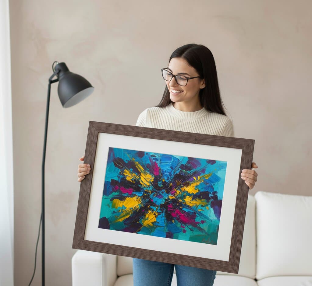 Woman presenting large Brown Barnwood Frame displaying bold abstract expressionist painting with teal turquoise yellow magenta brushstrokes in bright modern interior showcasing substantial 1.5 inch rustic barnwood moulding and authentic wood grain texture for vibrant contemporary artwork framing