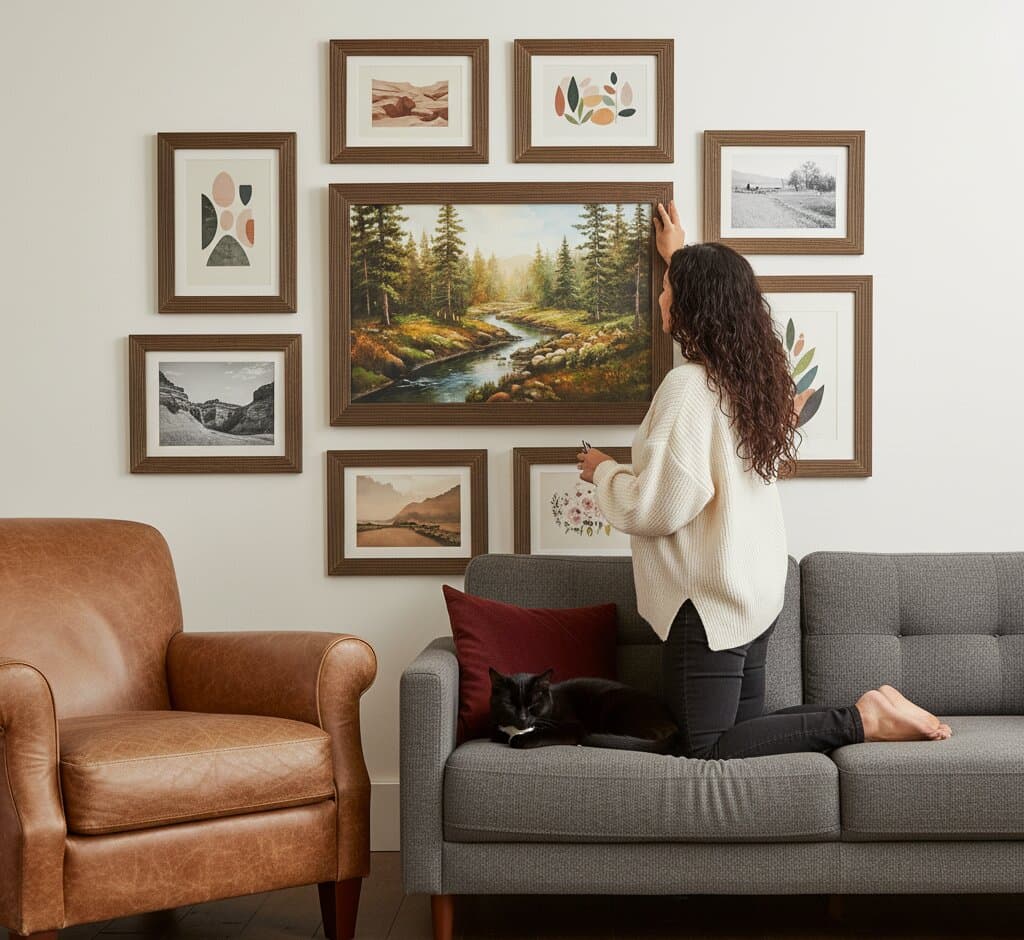 Woman on couch arranging Brown Barnwood Frame gallery wall with panoramic forest stream landscape centerpiece surrounded by botanical leaf prints geometric abstract art and black white photography demonstrating rustic farmhouse styling and 1.5 inch authentic barnwood moulding for living room wall displays