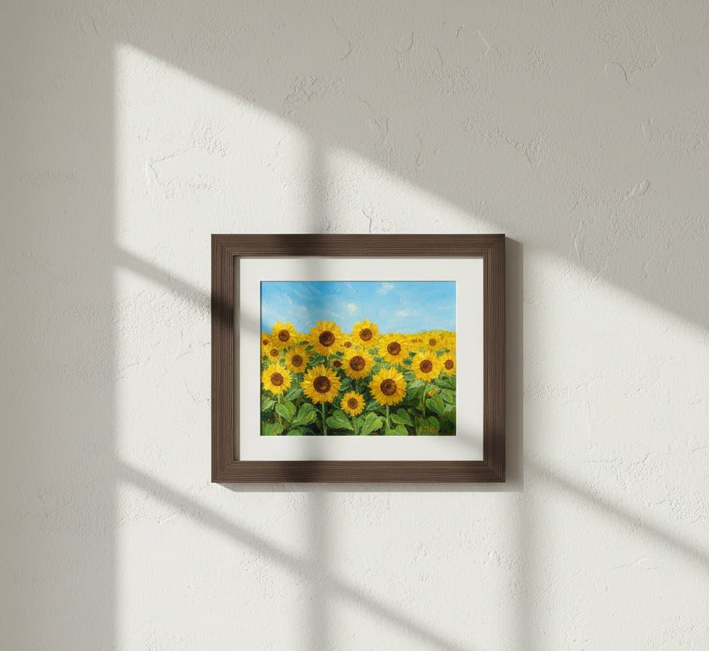 Brown Barnwood Frame displaying vibrant sunflower field oil painting with blue sky on neutral textured wall with dramatic natural window light shadows showcasing rustic brown wood grain finish and 1.5 inch authentic barnwood moulding for botanical garden themed landscape artwork framing