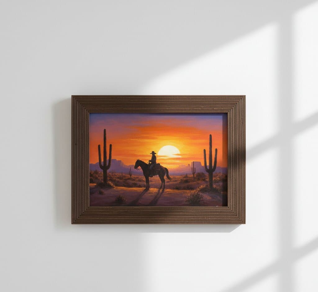 Brown Barnwood Frame displaying western cowboy silhouette desert sunset painting with saguaro cacti orange purple sky on neutral wall with dramatic shadows demonstrating authentic barnwood finish and 1.5 inch rustic wood grain moulding for southwestern landscape and western art framing