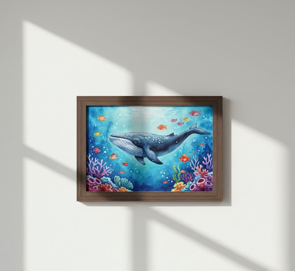 Brown Barnwood Frame with whimsical underwater ocean scene featuring humpback whale tropical fish and coral reef watercolor illustration on neutral wall showcasing rustic wood texture and 1.5 inch authentic barnwood moulding crafted for children's nursery and marine wildlife artwork framing