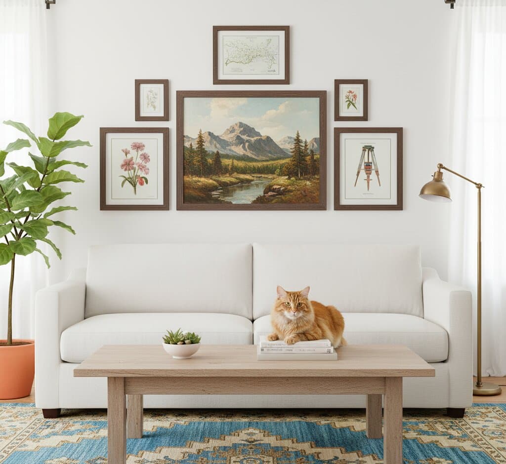 Brown Barnwood Frame in symmetrical gallery wall arrangement displaying mountain landscape oil painting vintage map botanical prints above cream sofa with cat demonstrating farmhouse styling and 1.5 inch rustic barnwood moulding for traditional living room wall displays