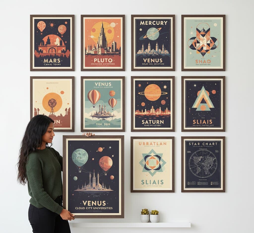 Woman holding oversized Brown Barnwood Frame with vintage Venus space travel poster in 4x3 grid gallery wall featuring retro planetary prints Mercury Saturn star charts demonstrating authentic barnwood texture and 1.5 inch rustic wood grain moulding for science fiction and astronomy themed collections