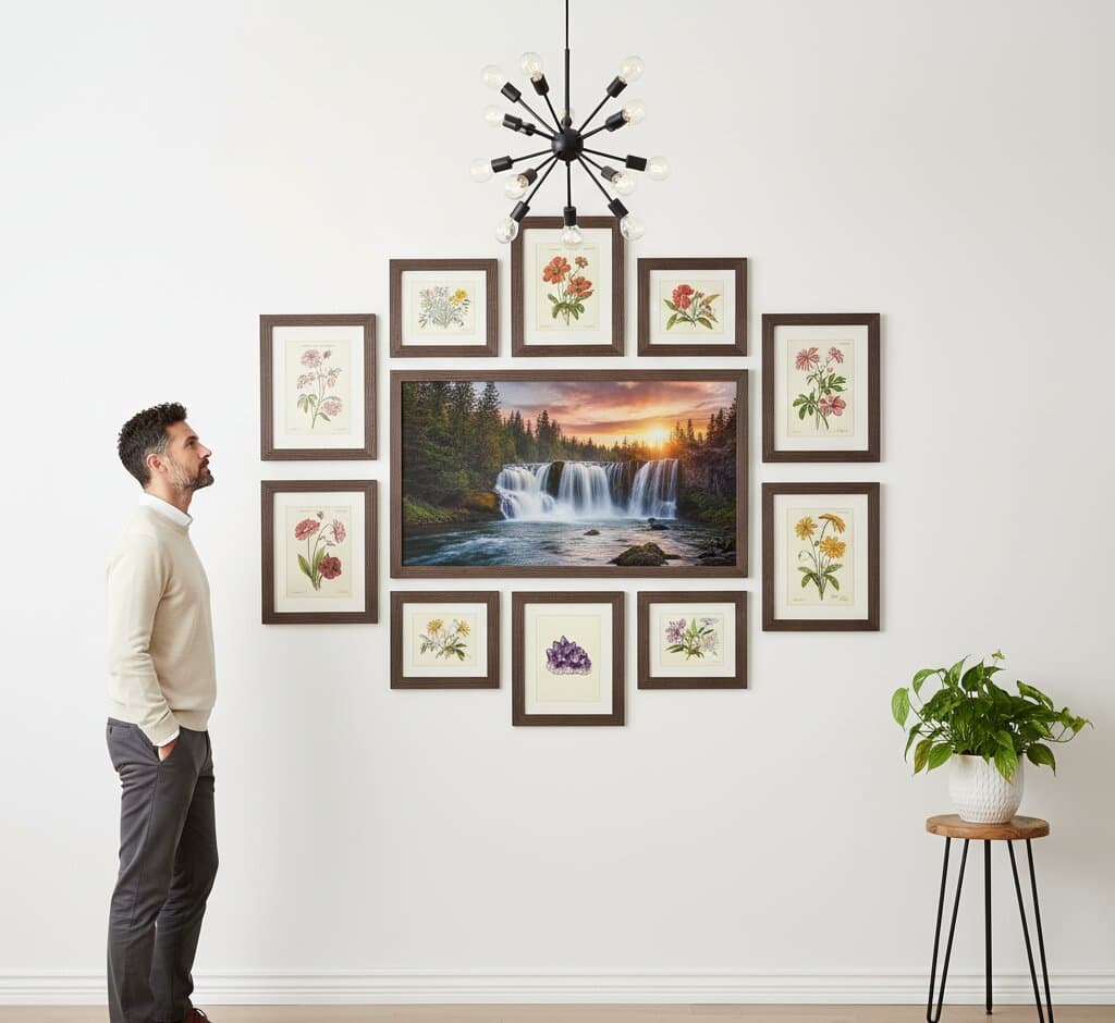 Man admiring diamond-shaped Brown Barnwood Frame gallery wall with vintage botanical wildflower prints surrounding panoramic forest waterfall landscape photograph demonstrating rustic wood grain finish and 1.5 inch authentic barnwood moulding for nature themed coordinated wall arrangements