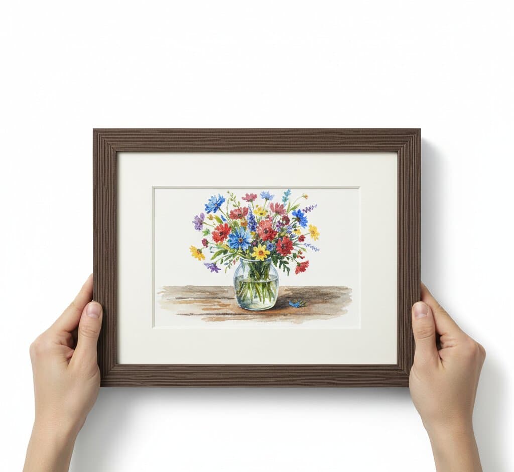 Hands holding Brown Barnwood Frame displaying colorful wildflower bouquet watercolor still life with blue red yellow purple blooms in glass vase showcasing rich brown farmhouse finish and 1.5 inch rustic barnwood moulding for botanical floral artwork and garden themed illustration framing