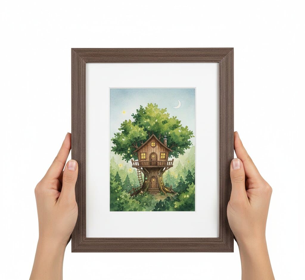 Hands holding Brown Barnwood Frame with whimsical treehouse watercolor illustration featuring magical forest dwelling crescent moon and glowing windows showcasing authentic barnwood texture and 1.5 inch rustic wood grain moulding a natural fit for children's storybook art and fantasy illustration framing