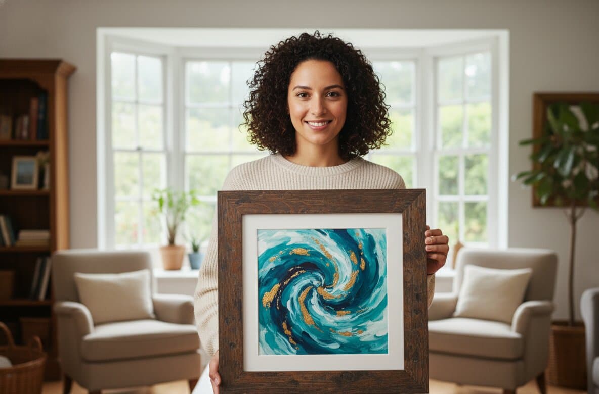 Smiling woman with curly hair in beige sweater holds Brown Barnwood Frame displaying vibrant turquoise and gold abstract swirl painting with white mat in bright modern living room with large bay windows cream sofas and indoor plants showcasing rustic farmhouse 1.5 inch authentic barnwood moulding for contemporary fluid art and coastal abstract artwork framing