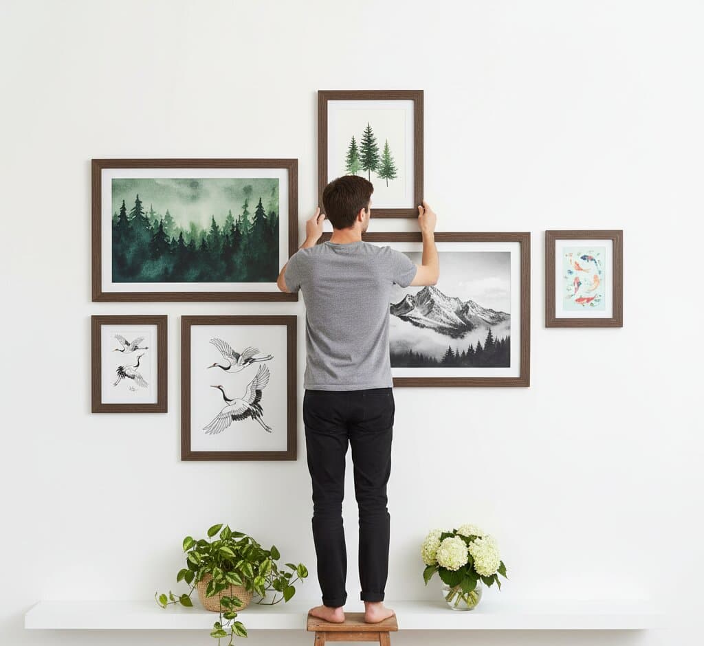 Man on stool arranging nature-themed Brown Barnwood Frame gallery wall featuring misty forest landscapes black white mountain photography crane bird illustrations and koi fish watercolor demonstrating rustic wood grain finish and 1.5 inch authentic barnwood moulding for Asian-inspired and wildlife art framing