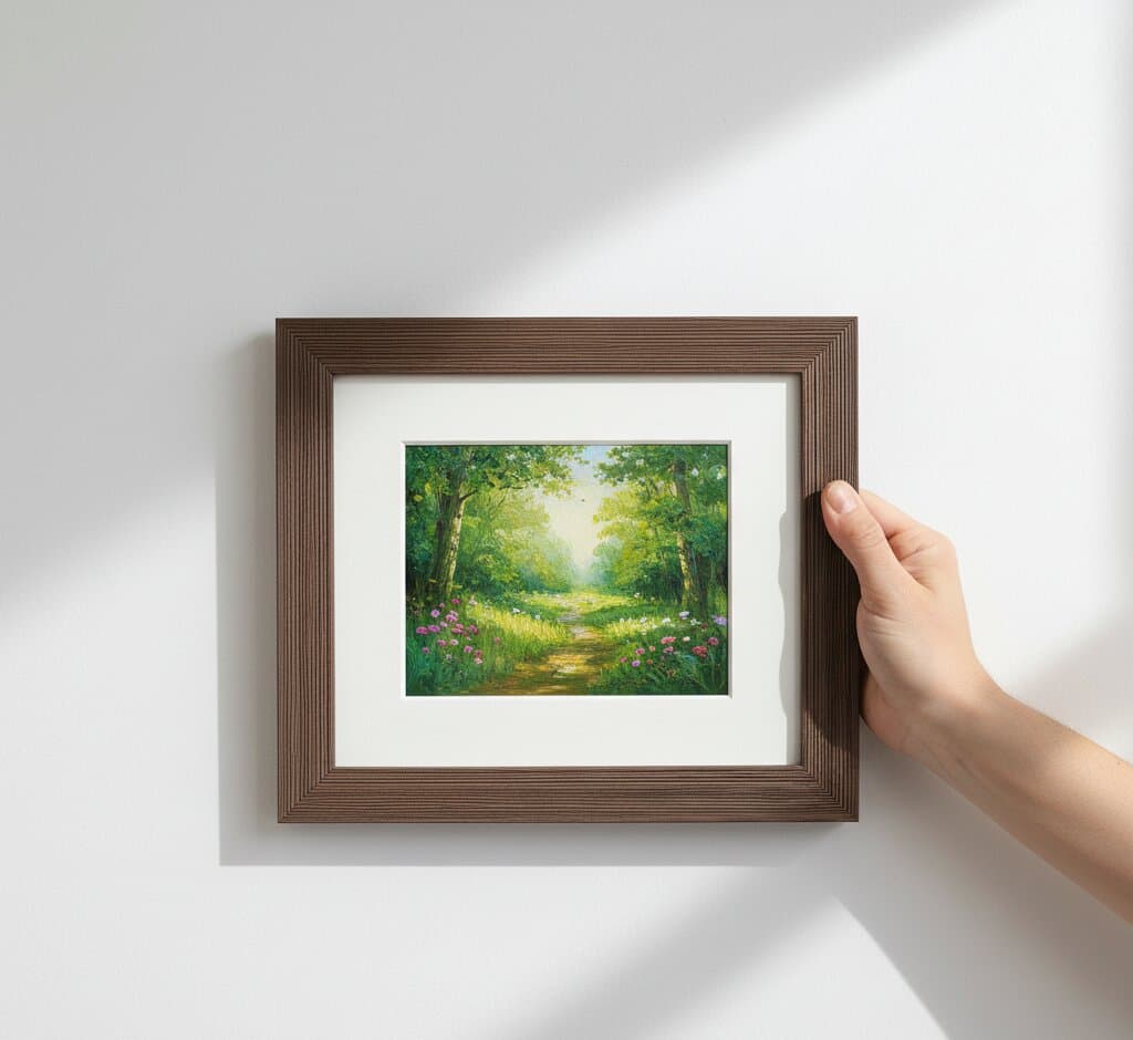 Hand positioning small Brown Barnwood Frame displaying enchanted forest path oil painting with sunlit woodland trail pink wildflowers and green foliage with white matting showcasing 1.5 inch rustic barnwood moulding and authentic wood grain texture for traditional landscape and nature artwork framing