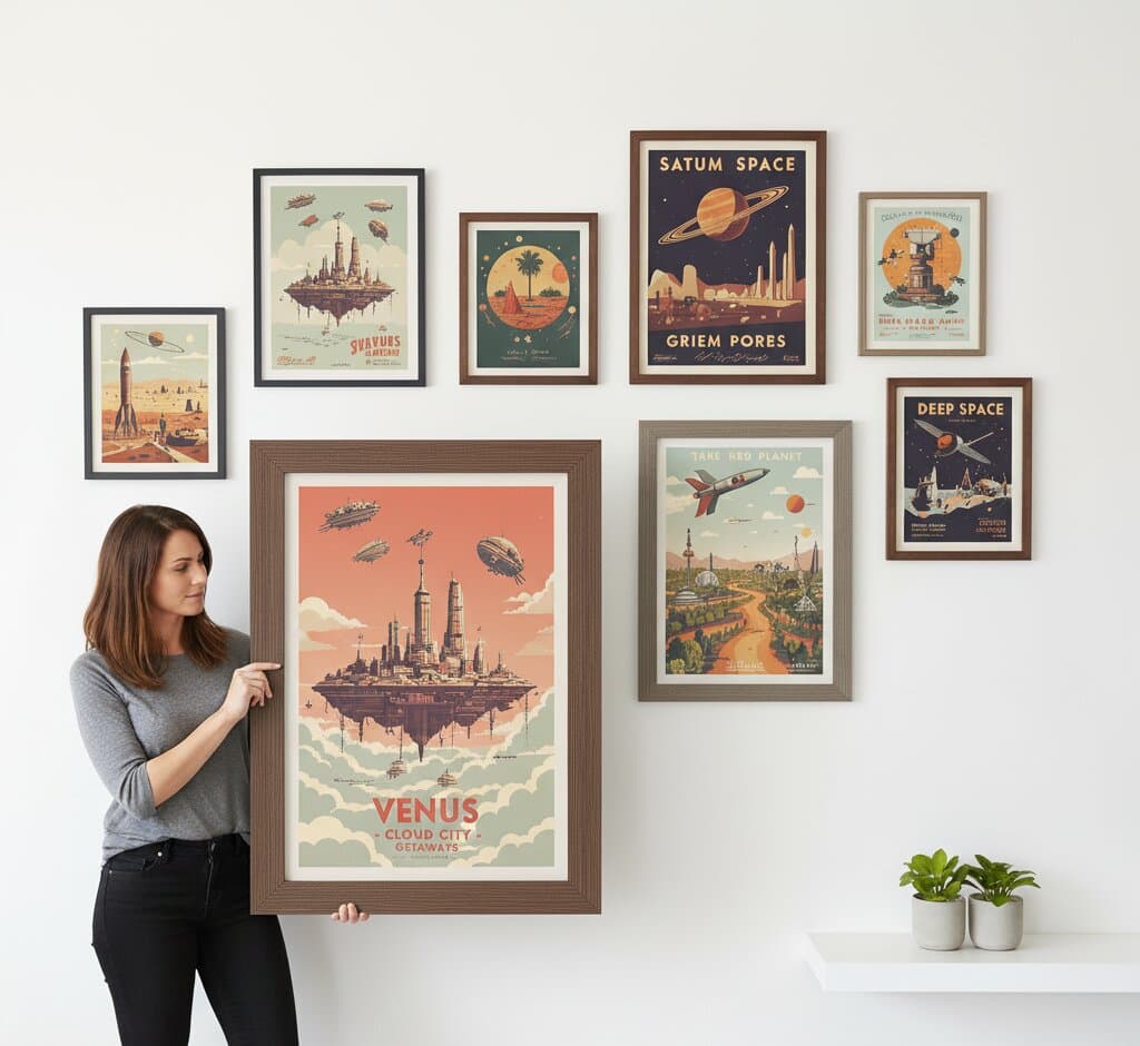 Woman holding large Brown Barnwood Frame with vintage Venus Cloud City space travel poster in asymmetric gallery wall featuring retro planetary prints Saturn Deep Space rocket ships demonstrating authentic barnwood texture and 1.5 inch rustic wood grain moulding for science fiction and retro futurism collections
