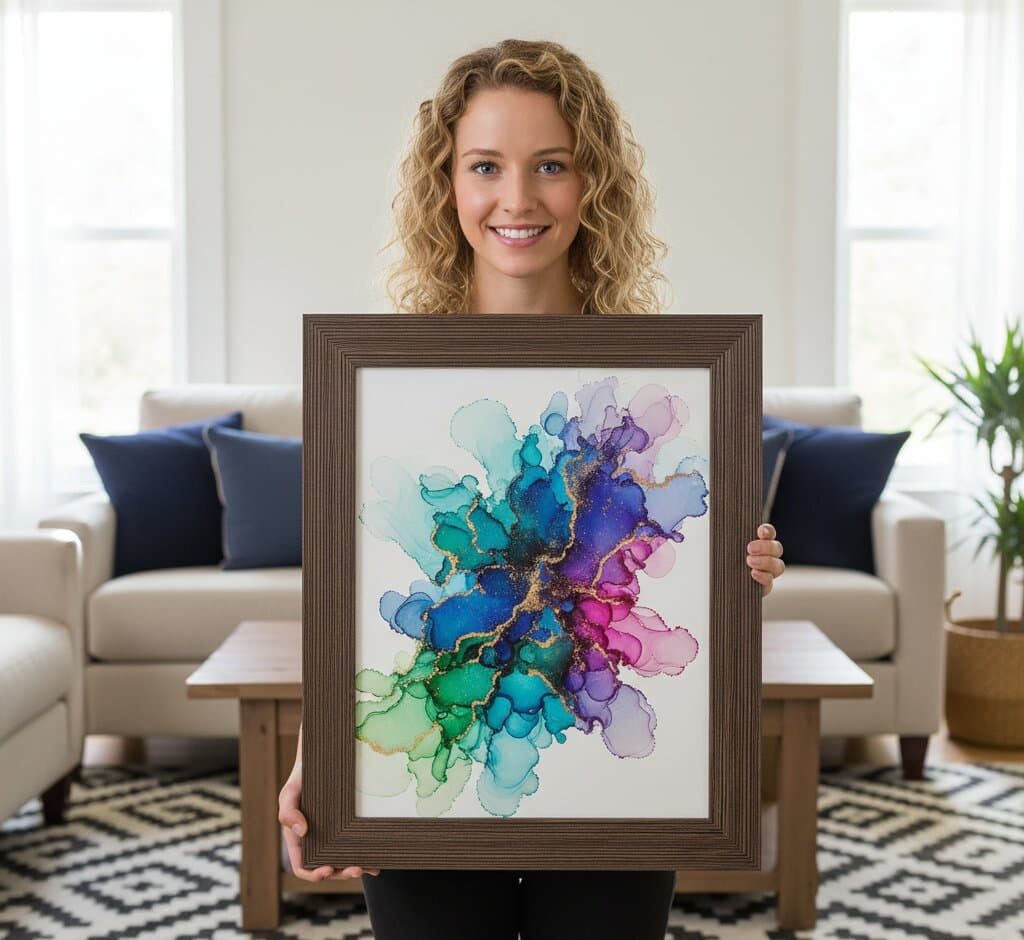 Woman presenting large Brown Barnwood Frame displaying vibrant alcohol ink abstract art with teal turquoise purple pink and gold organic flowing shapes in bright living room showcasing substantial 1.5 inch rustic barnwood moulding and authentic wood grain texture for contemporary fluid art framing