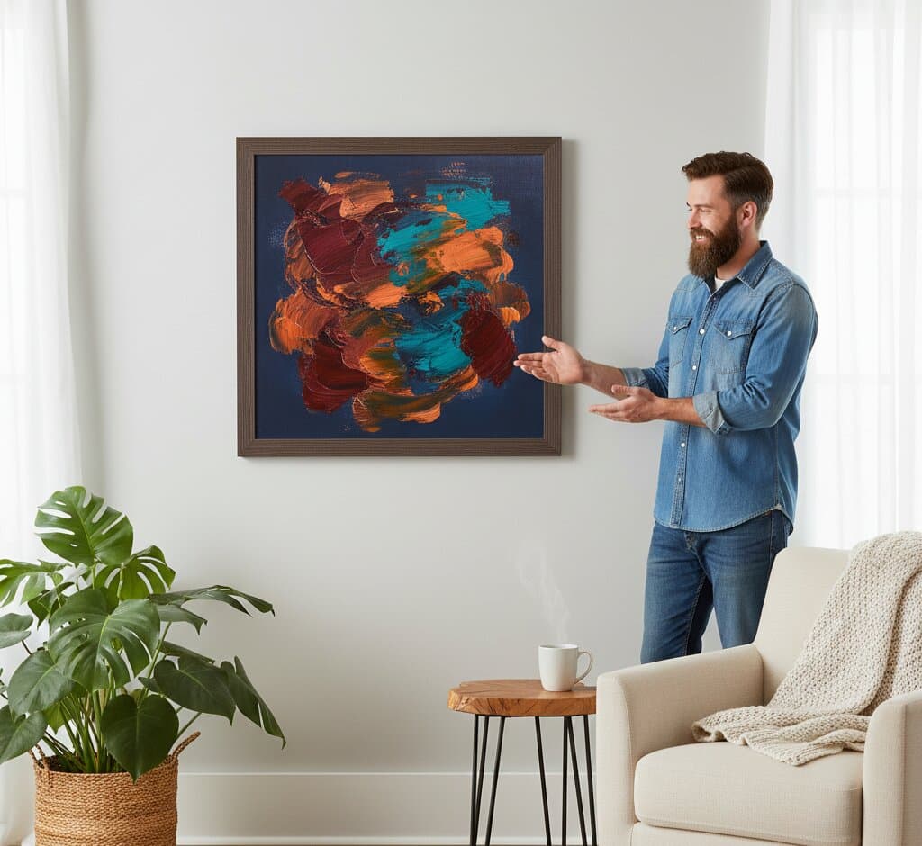 Man presenting large Brown Barnwood Frame with bold abstract expressionist painting featuring orange teal burgundy impasto brushstrokes on navy blue background in modern interior demonstrating rich brown finish and 1.5 inch authentic barnwood moulding for contemporary fine art and statement pieces