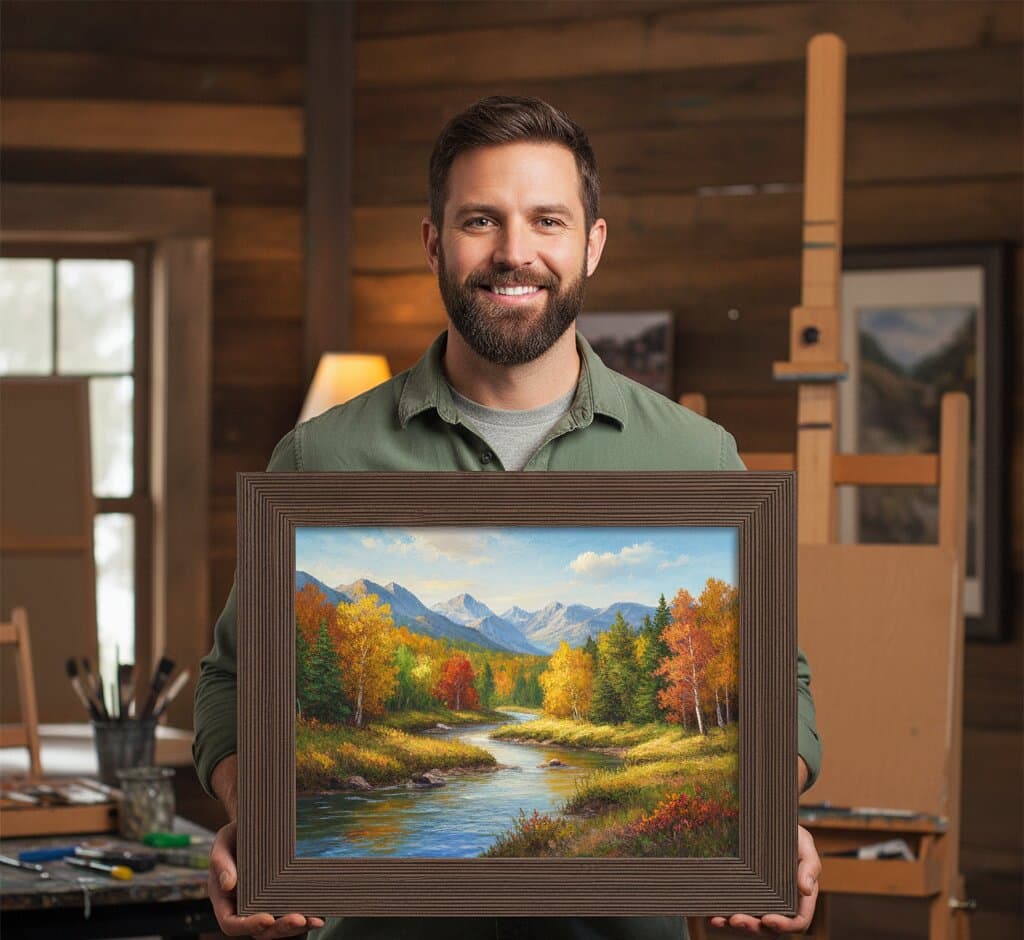 Artist in professional studio holding large Brown Barnwood Frame displaying autumn mountain landscape oil painting with fall foliage golden aspen trees winding river and blue mountain peaks showcasing rustic wood grain texture and 1.5 inch authentic barnwood moulding for landscape and seasonal artwork framing