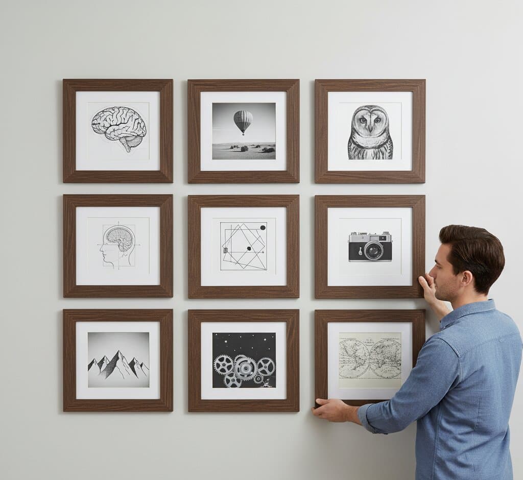 Man arranging 3x3 uniform grid Brown Barnwood Frame gallery wall featuring black white intellectual prints with brain anatomy hot air balloon barn owl geometric diagrams vintage camera mountain peaks mechanical gears world map demonstrating 1.5 inch rustic barnwood moulding for educational and scientific illustration displays