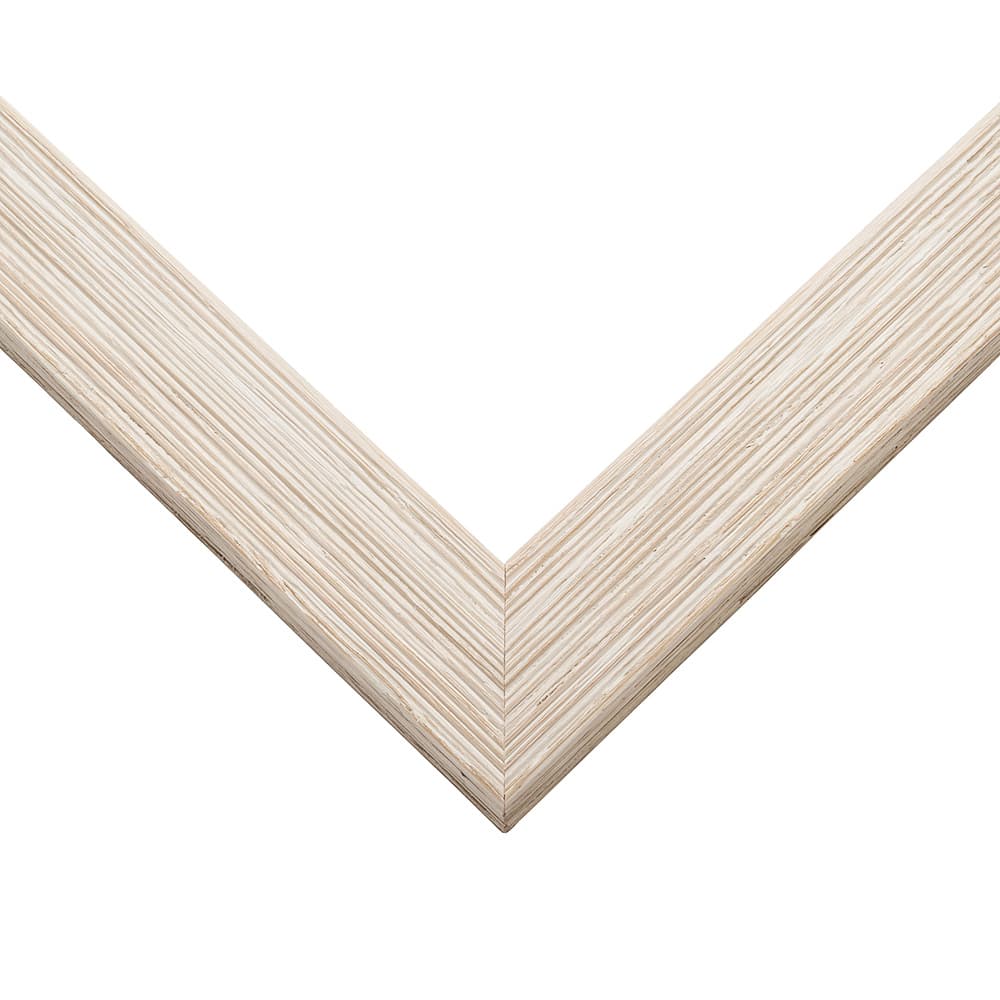 White Barnwood Frame corner detail showing authentic barnwood texture with soft white finish and visible wood grain in 1.5 inch profile