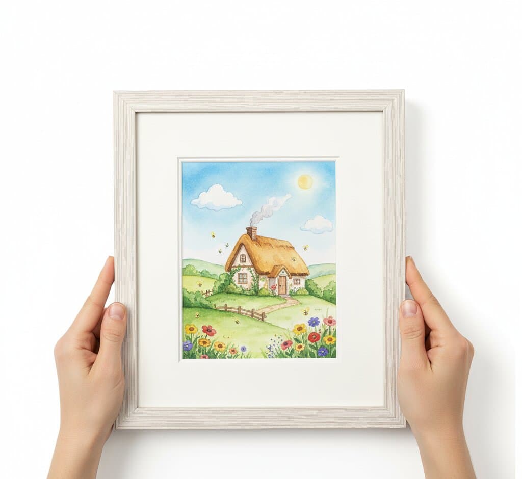 Hands holding White Barnwood Frame displaying charming watercolor cottage painting with golden thatched roof pink window shutters wildflower garden path buzzing bees and rolling green hills with white matting showcasing soft coastal white finish and 1.5 inch rustic barnwood moulding for storybook and English countryside artwork framing