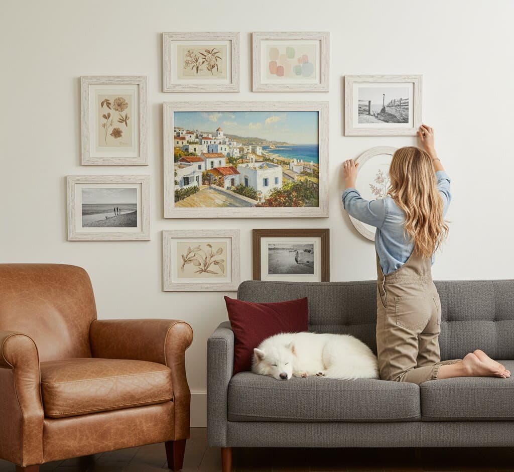 Woman on sofa arranging Mediterranean White Barnwood Frame gallery wall with large coastal village painting featuring whitewashed buildings terracotta roofs blue harbor flanked by vintage botanical prints sepia beach photographs and pressed flower specimens demonstrating bright shabby chic white finish and 1.5 inch rustic barnwood moulding for European travel and botanical collections