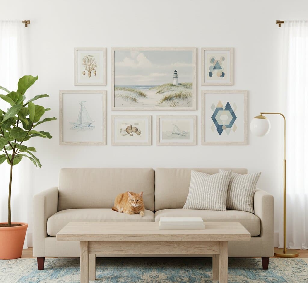 Coastal living room featuring White Barnwood Frame gallery wall above beige sofa with panoramic beach dune lighthouse landscape centerpiece flanked by watercolor sailboats seashell specimens geometric patterns and coral botanicals demonstrating soft coastal white finish and 1.5 inch authentic barnwood moulding for beach house and nautical themed wall arrangements