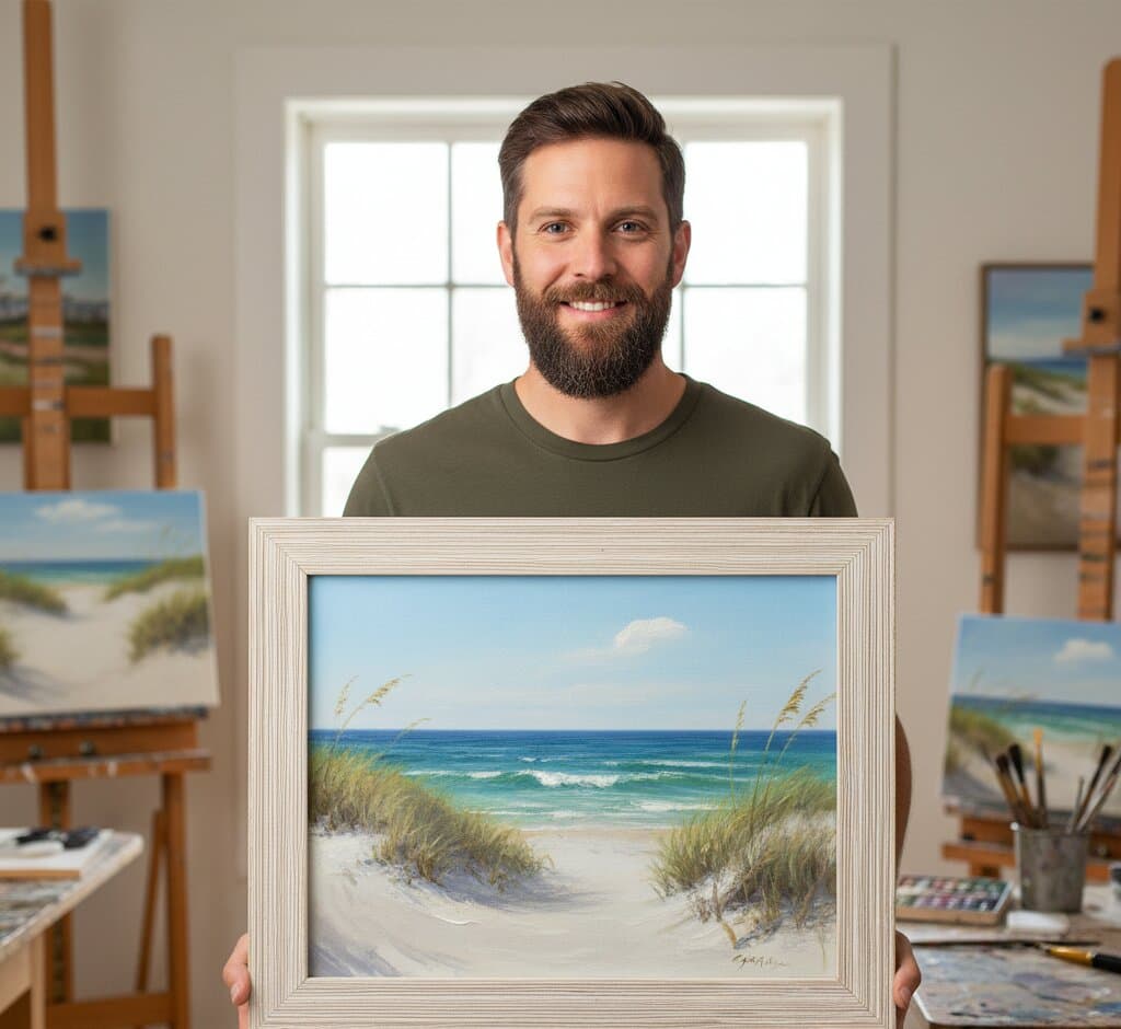 Artist in bright studio holding large White Barnwood Frame displaying coastal beach dune oil painting with white sandy path golden sea grass swaying in breeze turquoise ocean horizon and blue sky demonstrating textured white finish and substantial 1.5 inch rustic barnwood moulding for professional coastal landscape and seascape artwork framing