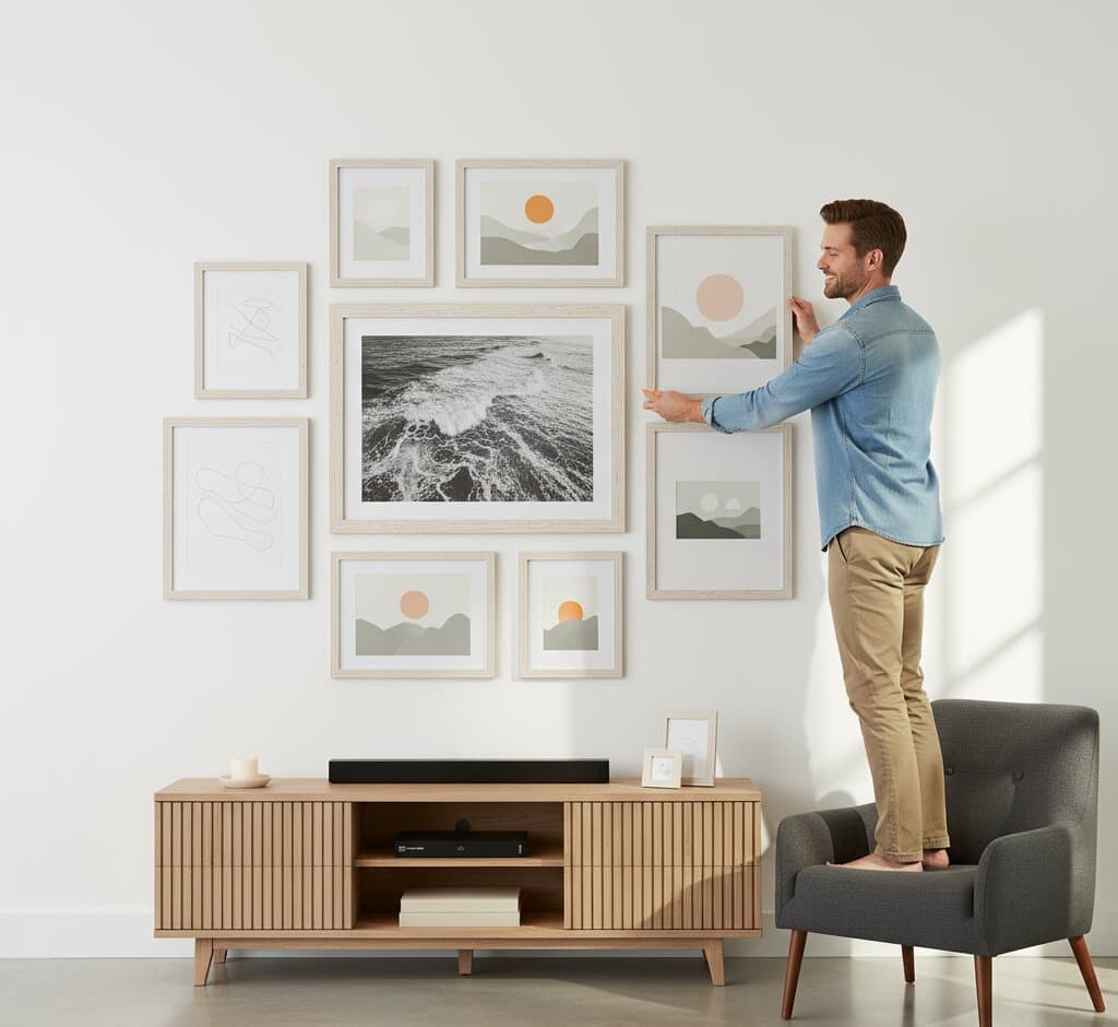 Man arranging minimalist White Barnwood Frame gallery wall featuring dramatic black white ocean wave photograph as centerpiece surrounded by abstract mountain landscape prints with geometric sun and muted earth tones demonstrating bright coastal white finish and 1.5 inch textured barnwood moulding for modern Scandinavian and minimalist art displays