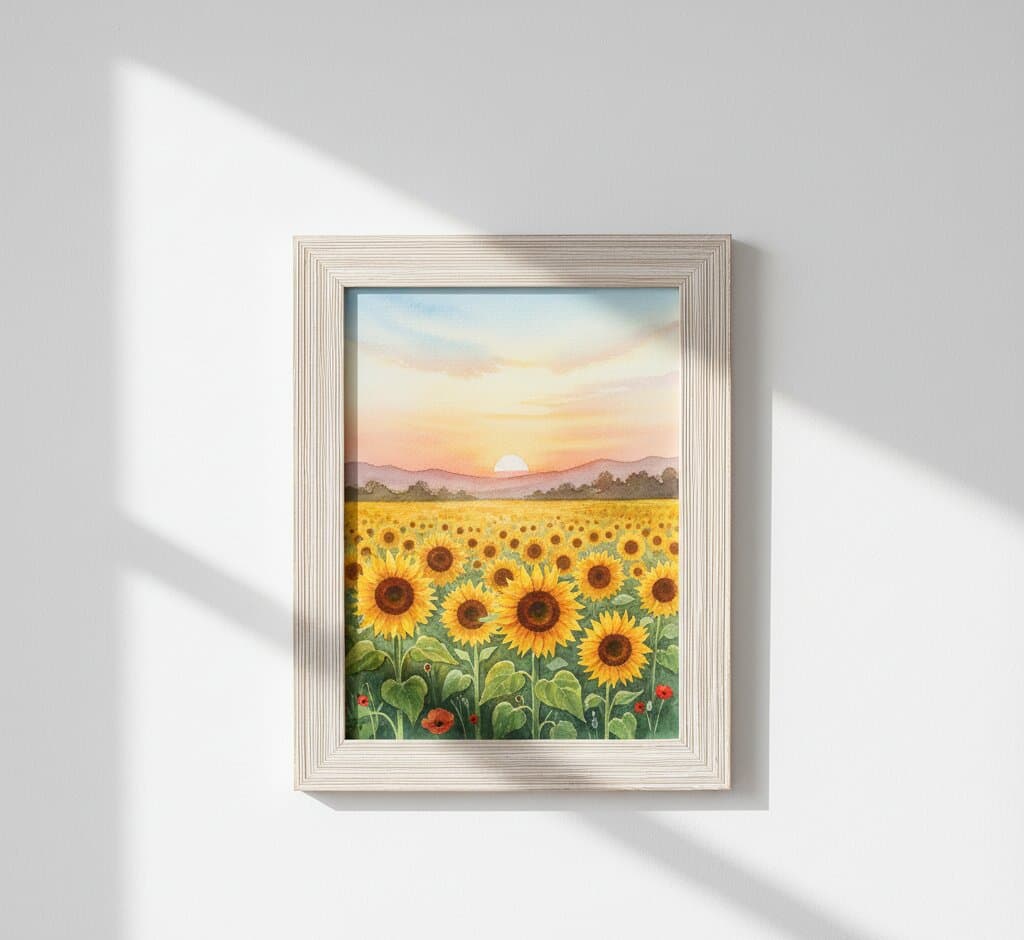 White Barnwood Frame displaying impressionist sunflower field sunset painting with rows of golden yellow blooms orange pink sky setting sun over distant purple mountains on neutral wall with natural window shadows showcasing soft white finish and 1.5 inch rustic barnwood moulding for floral landscape and agricultural artwork framing