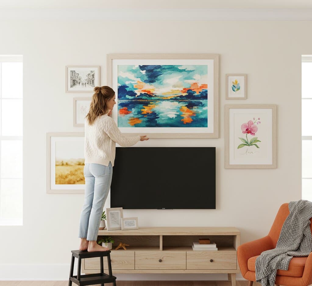Woman on stool arranging White Barnwood Frame living room gallery wall over television featuring colorful abstract landscape triptych vintage botanical prints pink orchid purple lavender red poppy mushroom specimens demonstrating bright coastal white finish and 1.5 inch textured barnwood moulding for media wall displays