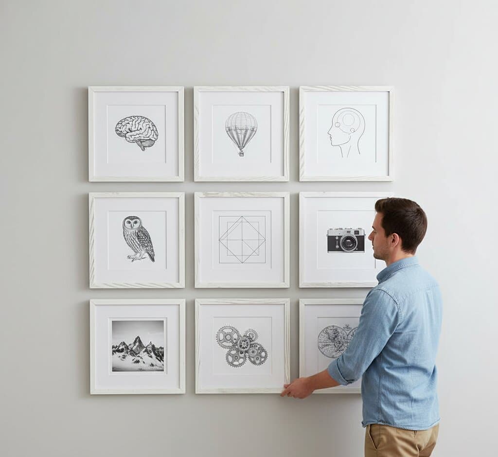 Man arranging 3x3 uniform grid White Barnwood Frame gallery wall featuring black white intellectual prints with brain anatomy hot air balloon barn owl geometric diagrams vintage camera mountain peaks mechanical gears world map demonstrating soft white finish and 1.5 inch rustic barnwood moulding for educational and scientific illustration displays