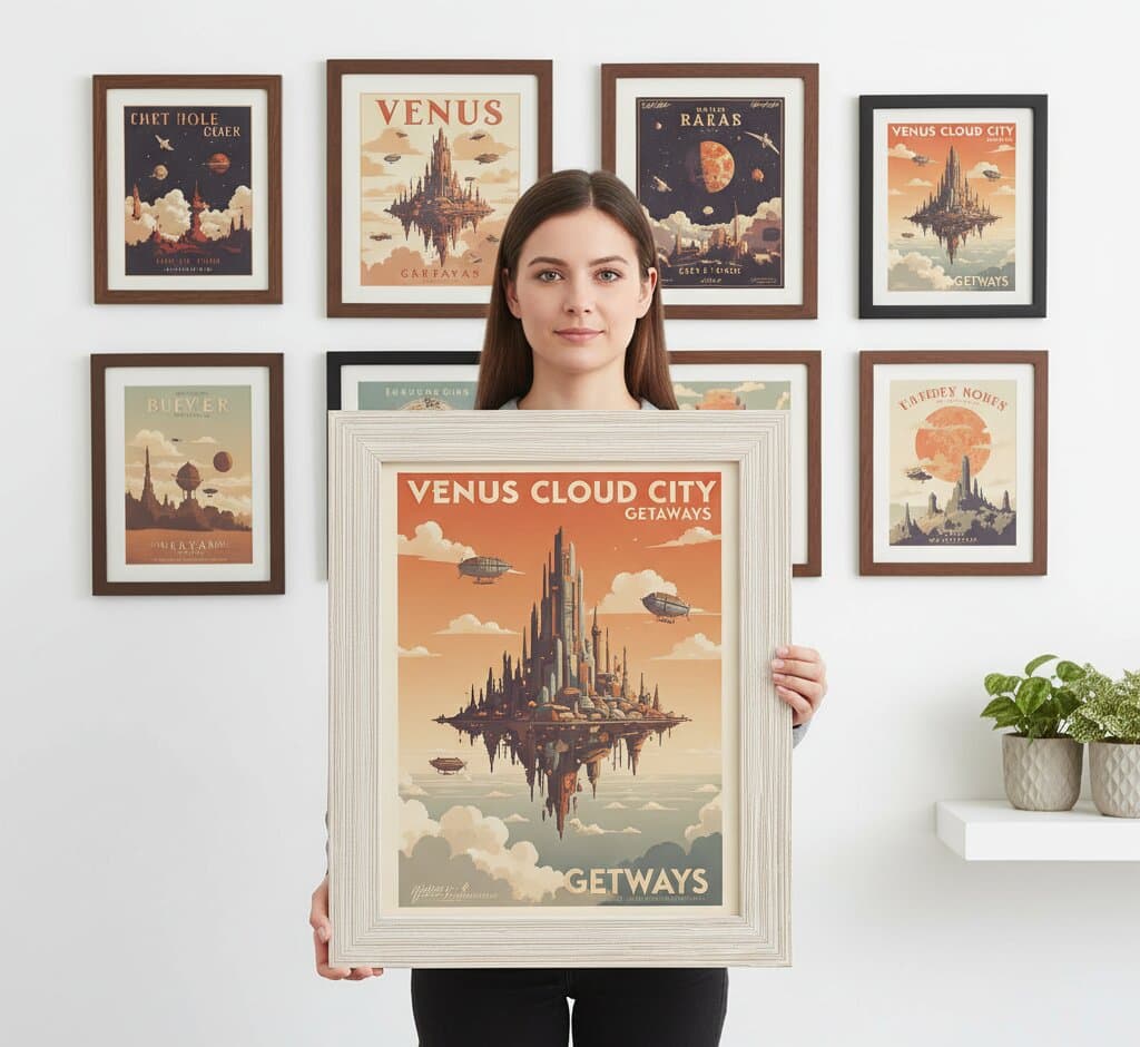 Woman holding large White Barnwood Frame with vintage Venus Cloud City space travel poster in asymmetric gallery wall featuring retro planetary prints Rarar Caravans Chet Hole Ruever Vantidey Nobles demonstrating textured white finish and 1.5 inch coastal barnwood moulding for science fiction and retro futurism collections