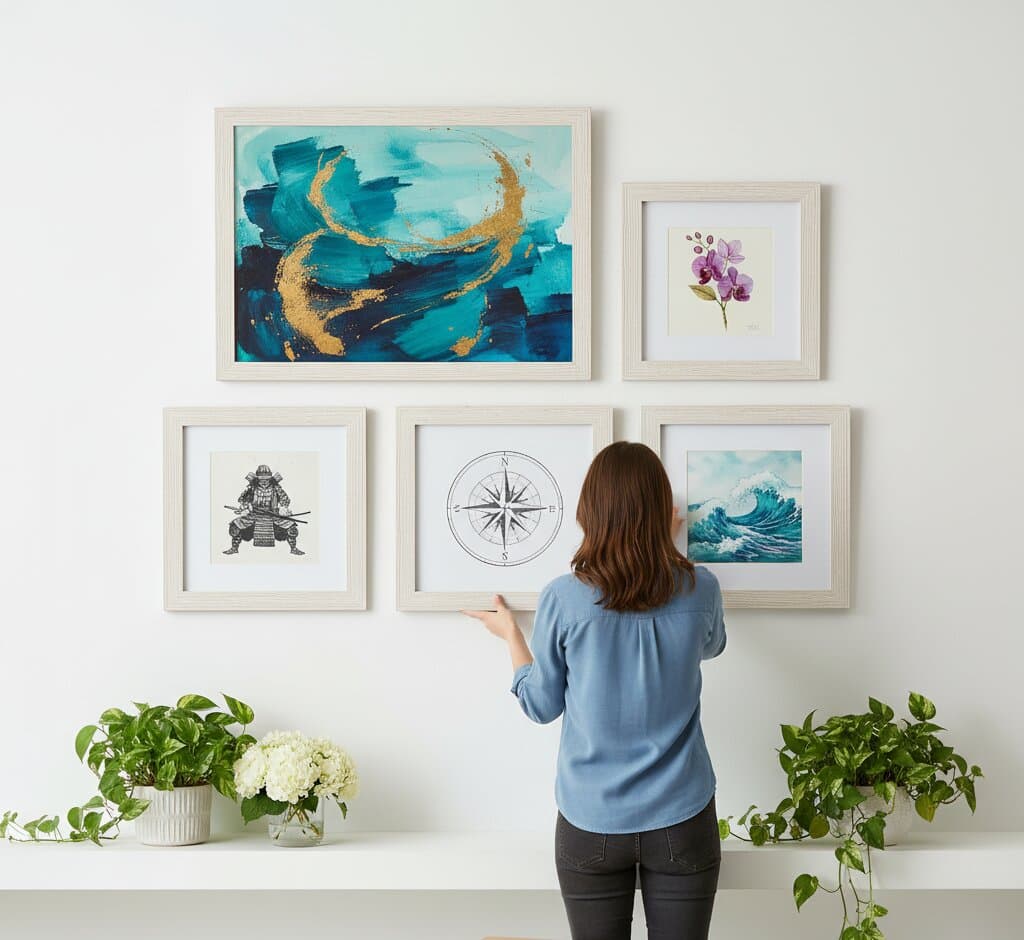 Woman arranging eclectic White Barnwood Frame gallery wall featuring abstract teal gold alcohol ink art Japanese samurai warrior print purple orchid botanical Hokusai great wave and nautical compass demonstrating bright white shabby chic finish and 1.5 inch textured barnwood moulding for Asian art and mixed media collections