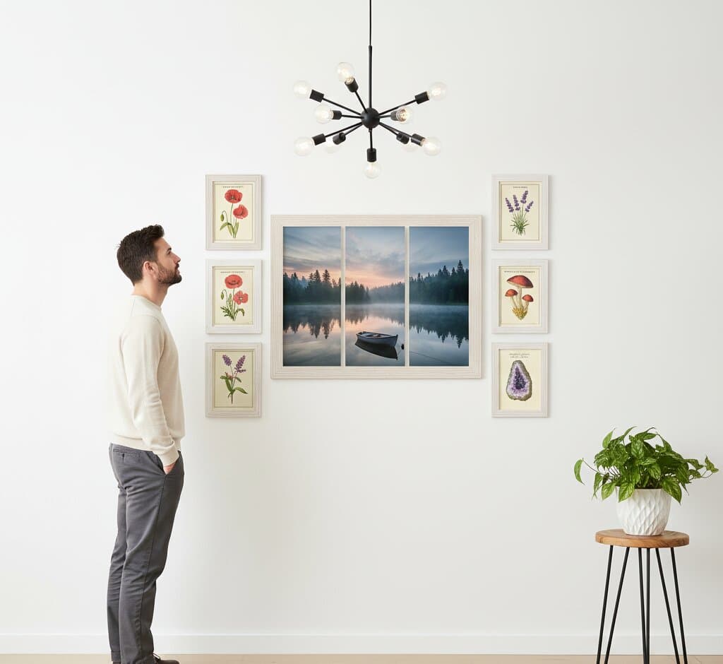 Man admiring symmetrical White Barnwood Frame gallery wall with panoramic triptych misty lake landscape centerpiece flanked by vintage botanical prints red orange poppy purple lavender specimens and purple mineral geode demonstrating coastal rustic white finish and 1.5 inch authentic barnwood moulding for nature themed coordinated wall arrangements
