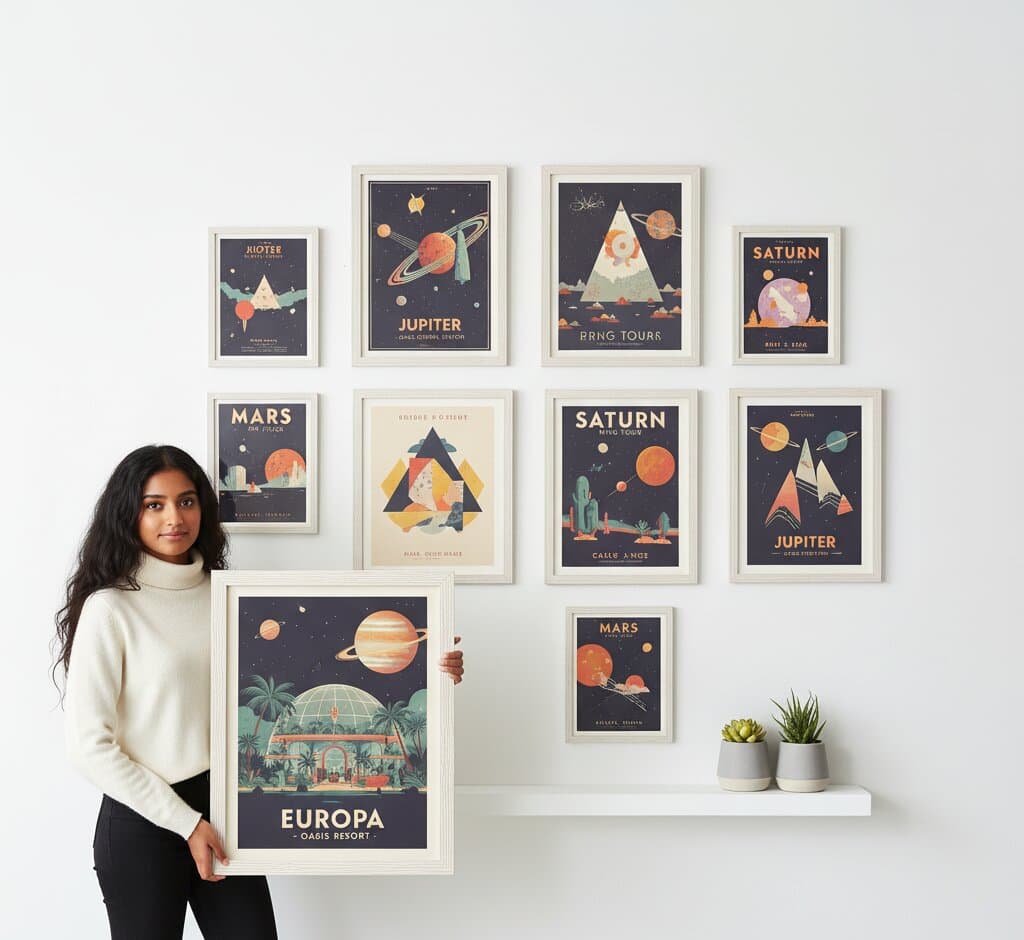 Woman holding large White Barnwood Frame with vintage Europa Jupiter Saturn Mars space travel poster in asymmetric gallery wall featuring retro planetary prints demonstrating bright white shabby chic finish and 1.5 inch textured barnwood moulding for science fiction and mid-century space age poster collections