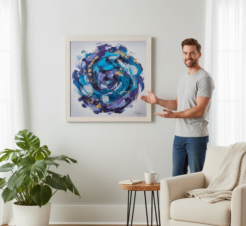 Man presenting large White Barnwood Frame displaying bold abstract expressionist circular swirl painting with navy blue purple teal and gold leaf spiral brushstrokes in modern living room showcasing soft white finish and substantial 1.5 inch textured barnwood moulding for contemporary fluid art framing