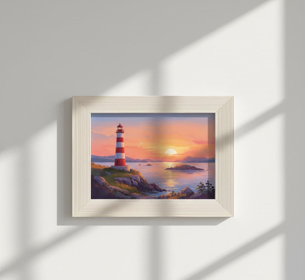White Barnwood Frame displaying dramatic coastal lighthouse sunset oil painting with red white striped beacon rocky shoreline and pink orange sky on neutral wall with natural window light shadows showcasing bright white finish and 1.5 inch rustic barnwood moulding for maritime and coastal artwork framing